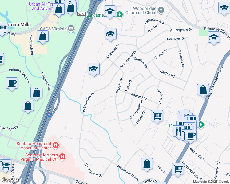 map of restaurants, bars, coffee shops, grocery stores, and more near 14202 Franklin Street in Woodbridge