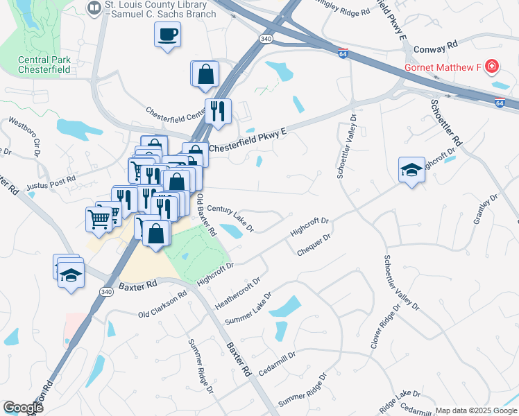 map of restaurants, bars, coffee shops, grocery stores, and more near 15565 Valley Branch Drive in Chesterfield