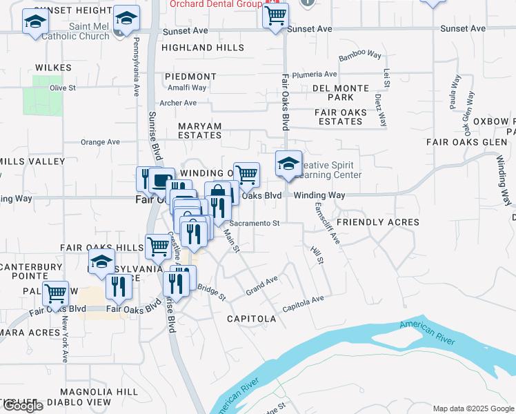 map of restaurants, bars, coffee shops, grocery stores, and more near 4320 Watkins Drive in Fair Oaks