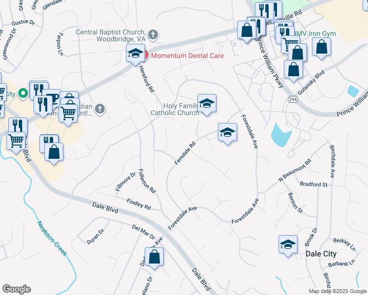 map of restaurants, bars, coffee shops, grocery stores, and more near 14210 Ferndale Road in Woodbridge