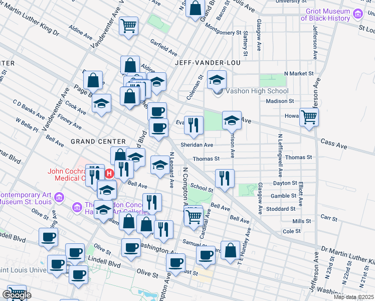 map of restaurants, bars, coffee shops, grocery stores, and more near 3114 Sheridan Avenue in St. Louis