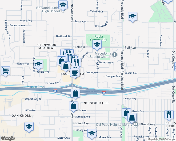 map of restaurants, bars, coffee shops, grocery stores, and more near 501 Jessie Avenue in Sacramento