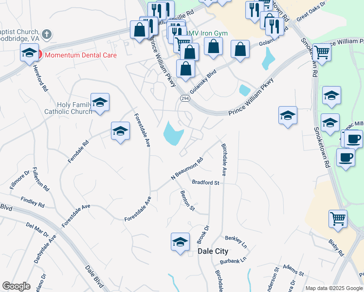 map of restaurants, bars, coffee shops, grocery stores, and more near 14162 Cuddy Loop in Woodbridge