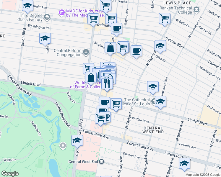 map of restaurants, bars, coffee shops, grocery stores, and more near 4652 Maryland Avenue in St. Louis
