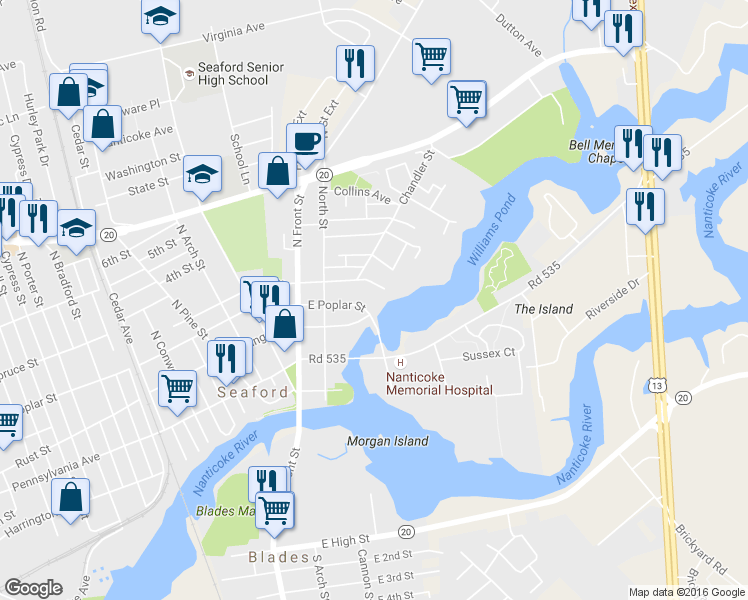 map of restaurants, bars, coffee shops, grocery stores, and more near 807 3rd Street in Seaford