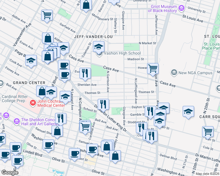 map of restaurants, bars, coffee shops, grocery stores, and more near 2936 Sheridan Avenue in St. Louis