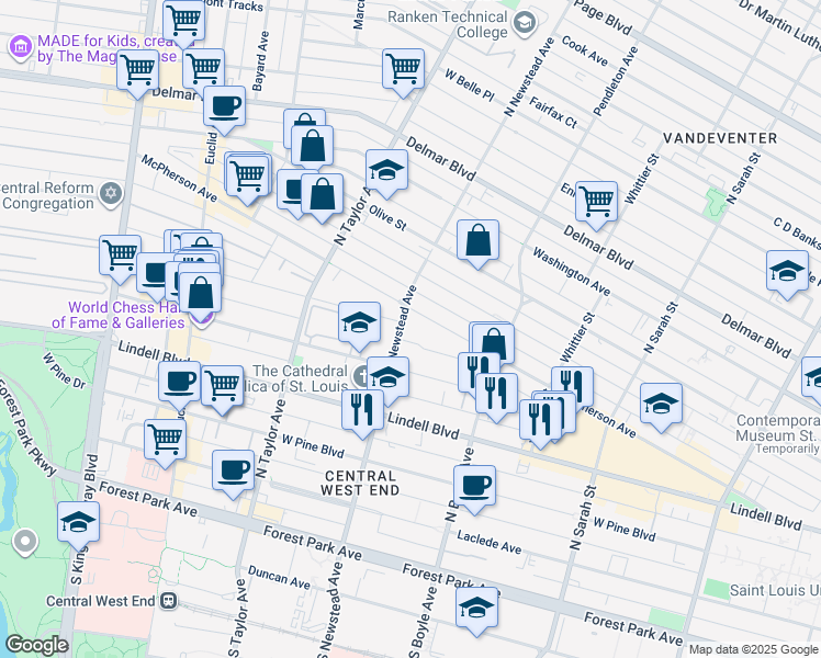 map of restaurants, bars, coffee shops, grocery stores, and more near 4400 McPherson Avenue in St. Louis