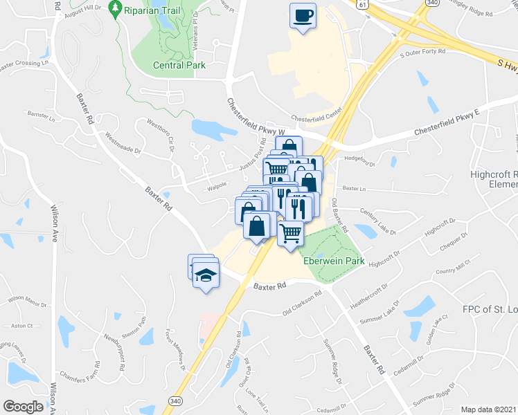 map of restaurants, bars, coffee shops, grocery stores, and more near 1695 Lea Oak Drive in Chesterfield