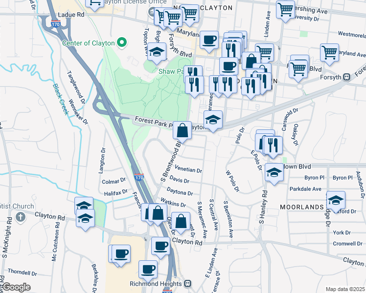 map of restaurants, bars, coffee shops, grocery stores, and more near 8033 Rosiline Drive in Clayton