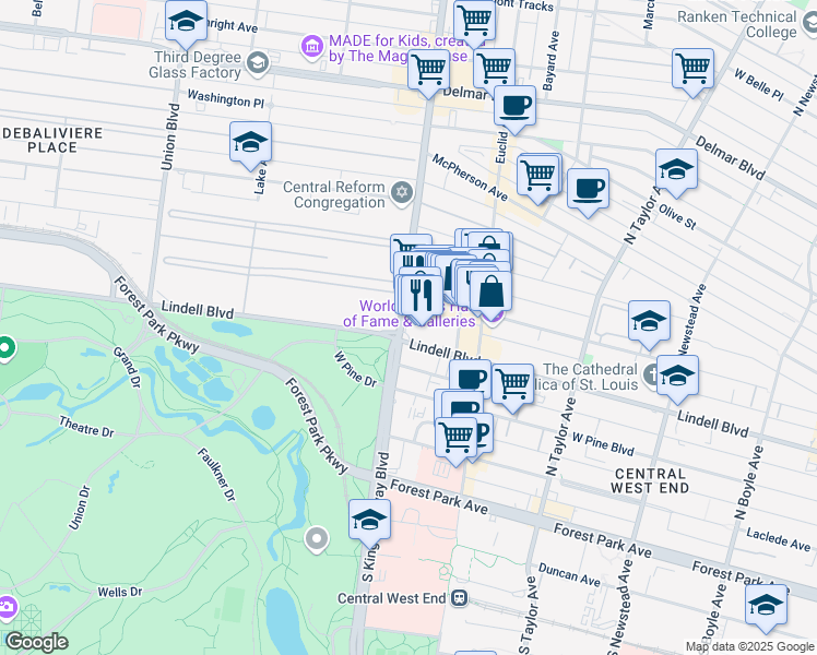 map of restaurants, bars, coffee shops, grocery stores, and more near 212 Kingshighway Boulevard in St. Louis