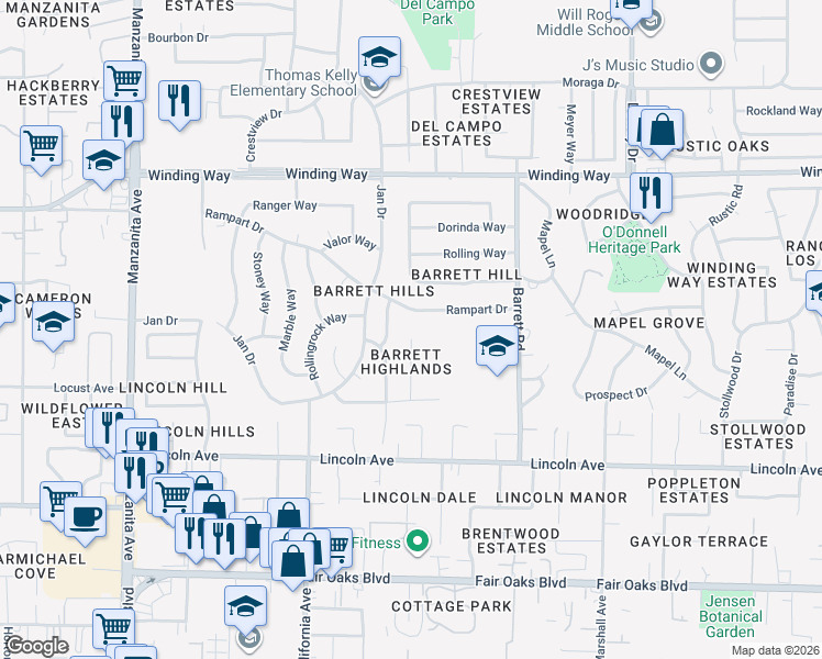 map of restaurants, bars, coffee shops, grocery stores, and more near 4251 Callanan Court in Carmichael