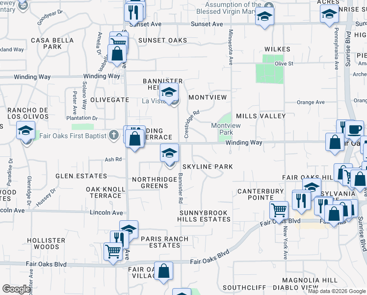 map of restaurants, bars, coffee shops, grocery stores, and more near 4356 Bannister Road in Fair Oaks