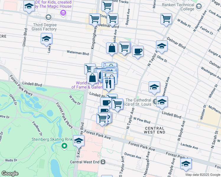 map of restaurants, bars, coffee shops, grocery stores, and more near 4652 Maryland Avenue in St. Louis