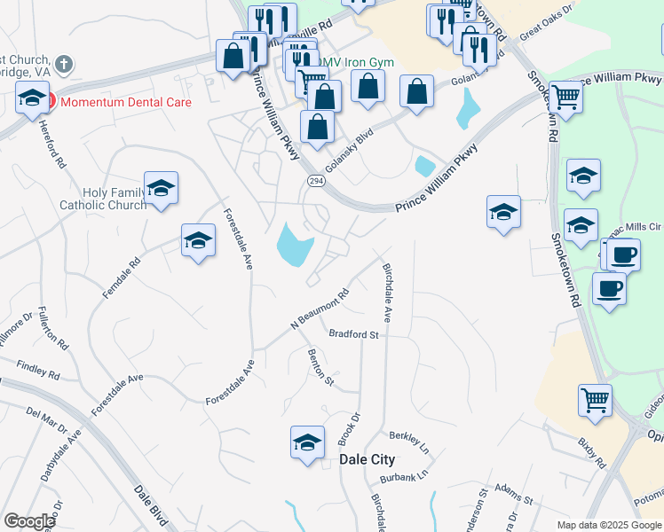 map of restaurants, bars, coffee shops, grocery stores, and more near 14188 Cuddy Loop in Woodbridge