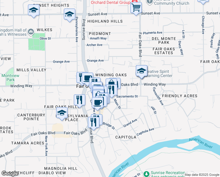 map of restaurants, bars, coffee shops, grocery stores, and more near 4344 Vintage Oaks Lane in Fair Oaks