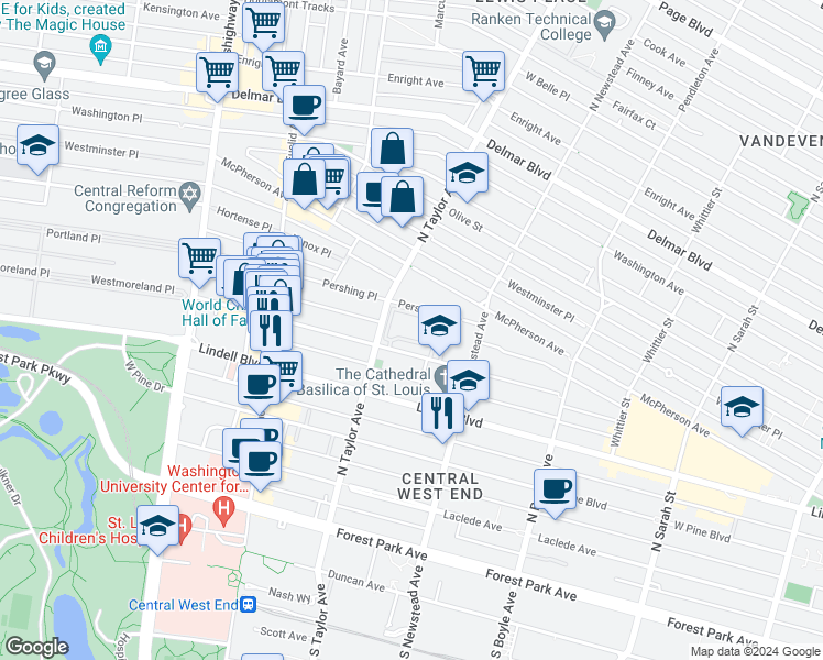 map of restaurants, bars, coffee shops, grocery stores, and more near 4486 Greenwich Court in St. Louis