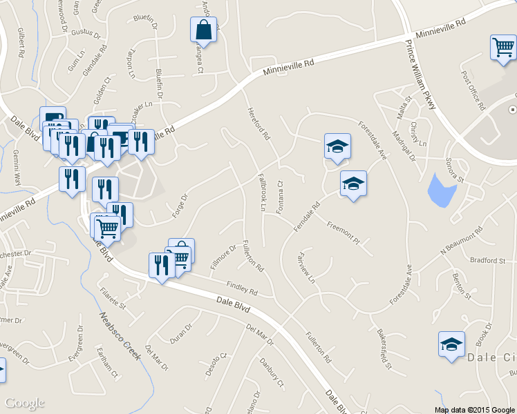 map of restaurants, bars, coffee shops, grocery stores, and more near 14212 Fallbrook Lane in Woodbridge