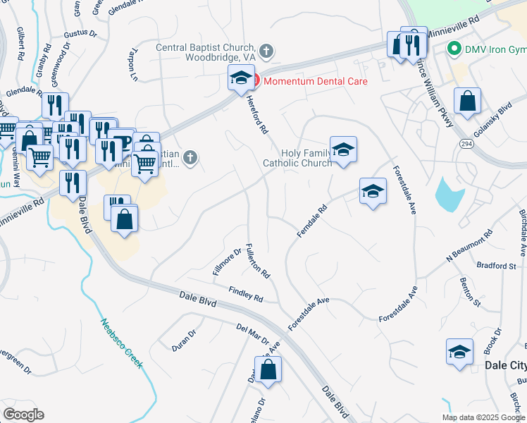 map of restaurants, bars, coffee shops, grocery stores, and more near 14212 Fallbrook Lane in Woodbridge