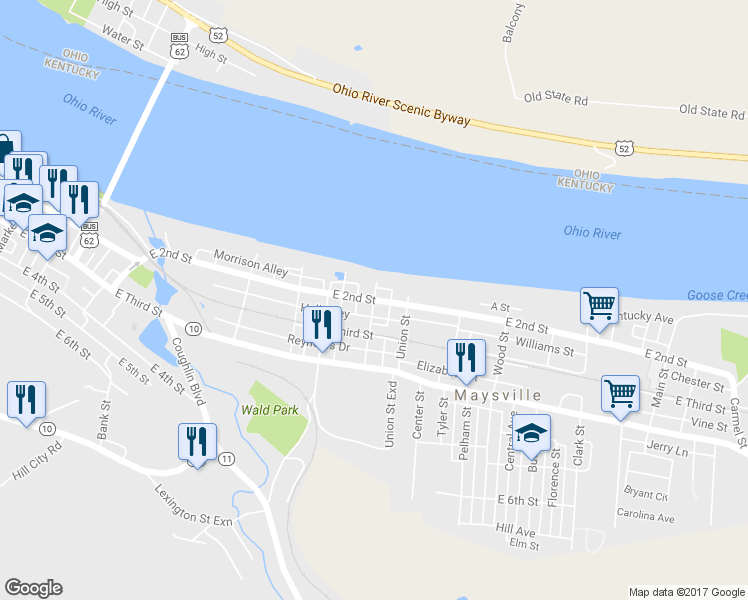 map of restaurants, bars, coffee shops, grocery stores, and more near 701 East 2nd Street in Maysville