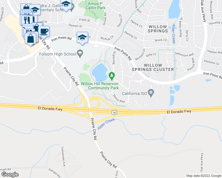map of restaurants, bars, coffee shops, grocery stores, and more near 313 Blossom Rock Lane in Folsom