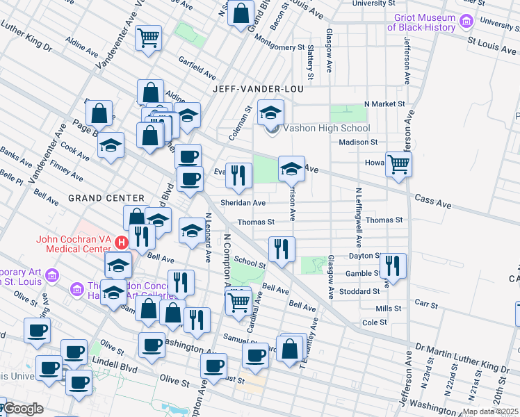 map of restaurants, bars, coffee shops, grocery stores, and more near 3054 Sheridan Avenue in St. Louis
