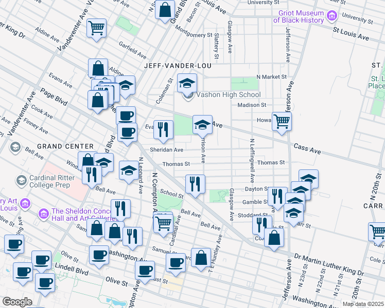 map of restaurants, bars, coffee shops, grocery stores, and more near 3022 Sheridan Avenue in St. Louis