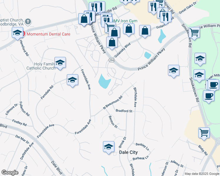 map of restaurants, bars, coffee shops, grocery stores, and more near 14162 Cuddy Loop in Woodbridge