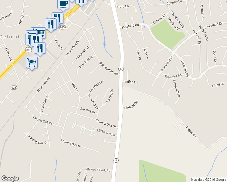 map of restaurants, bars, coffee shops, grocery stores, and more near 1586 Pin Oak Drive in Waldorf