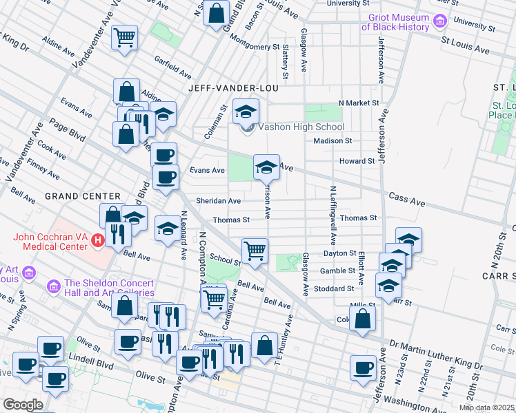 map of restaurants, bars, coffee shops, grocery stores, and more near 3014 Sheridan Avenue in St. Louis
