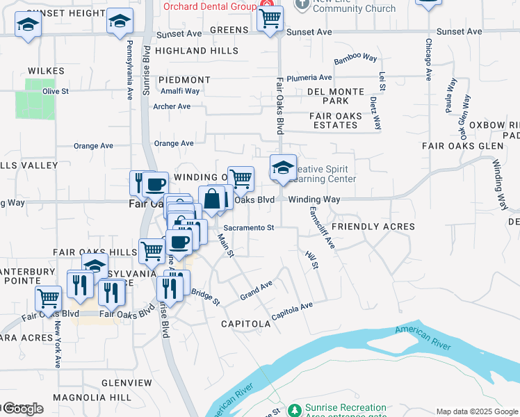 map of restaurants, bars, coffee shops, grocery stores, and more near 4320 Watkins Drive in Fair Oaks