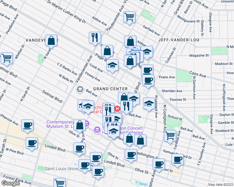map of restaurants, bars, coffee shops, grocery stores, and more near in St. Louis