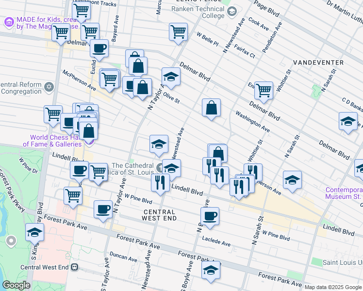map of restaurants, bars, coffee shops, grocery stores, and more near 4400 McPherson Avenue in St. Louis