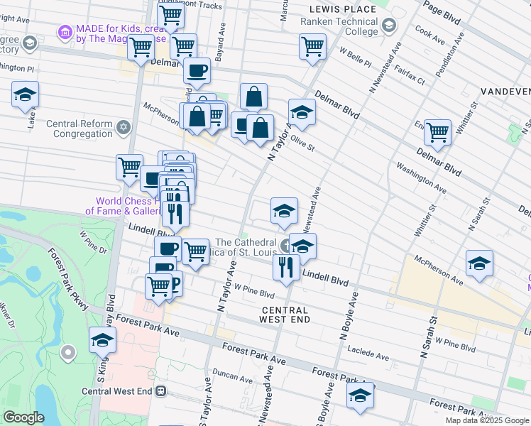 map of restaurants, bars, coffee shops, grocery stores, and more near 4486 Greenwich Court in St. Louis