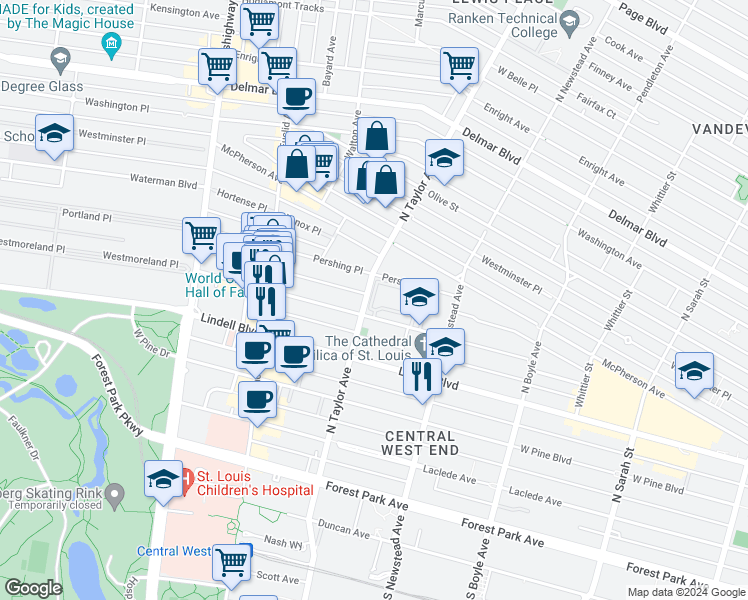 map of restaurants, bars, coffee shops, grocery stores, and more near 4486 Greenwich Ct in St Louis