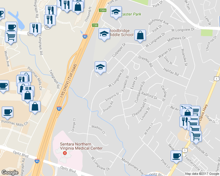 map of restaurants, bars, coffee shops, grocery stores, and more near 2304 West Longview Drive in Woodbridge