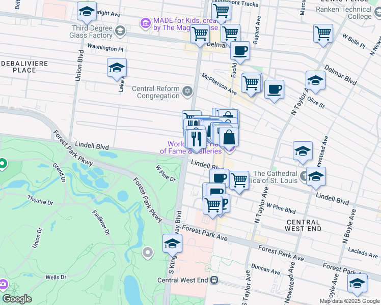map of restaurants, bars, coffee shops, grocery stores, and more near 232 Kingshighway Boulevard in St. Louis