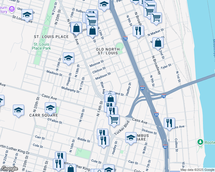 map of restaurants, bars, coffee shops, grocery stores, and more near 1927 North 14th Street in St. Louis