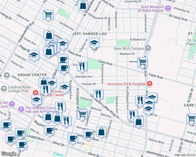 map of restaurants, bars, coffee shops, grocery stores, and more near 3018 Sheridan Avenue in St. Louis