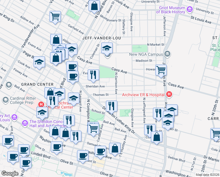 map of restaurants, bars, coffee shops, grocery stores, and more near 3022 Sheridan Avenue in St. Louis