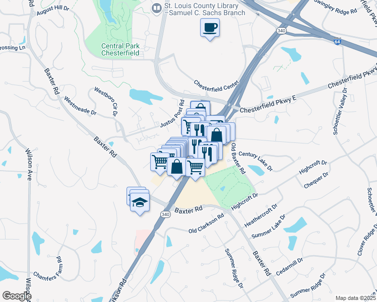 map of restaurants, bars, coffee shops, grocery stores, and more near 1695 Lea Oak Drive in Chesterfield