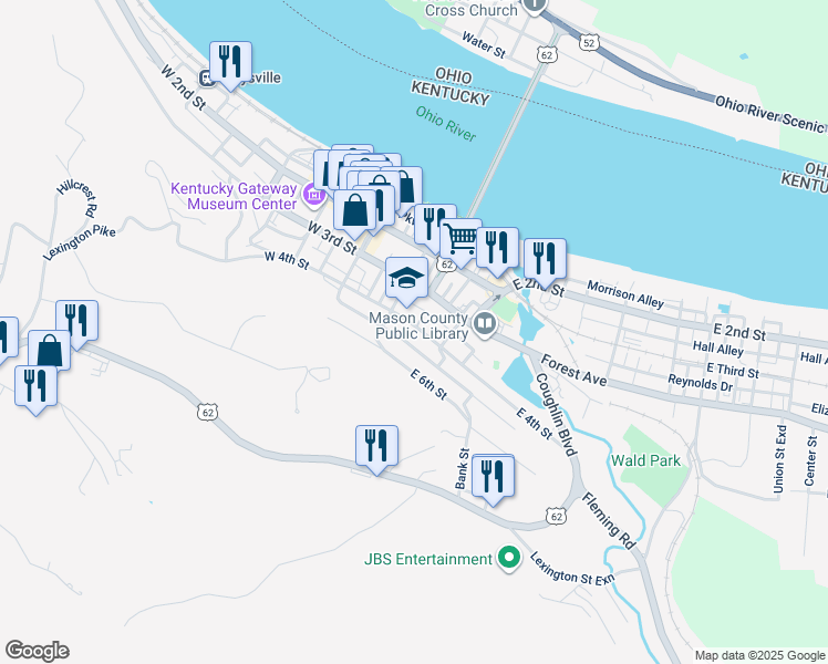 map of restaurants, bars, coffee shops, grocery stores, and more near 118 East 4th Street in Maysville