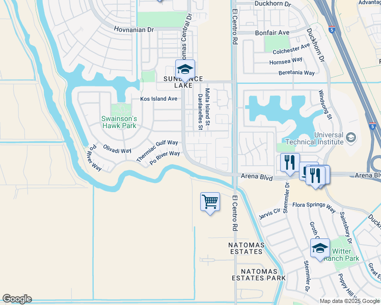 map of restaurants, bars, coffee shops, grocery stores, and more near 3652 Odessa Lane in Sacramento