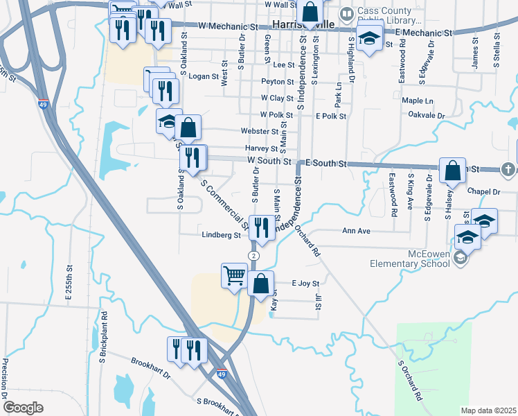 map of restaurants, bars, coffee shops, grocery stores, and more near 1601 South Butler Drive in Harrisonville