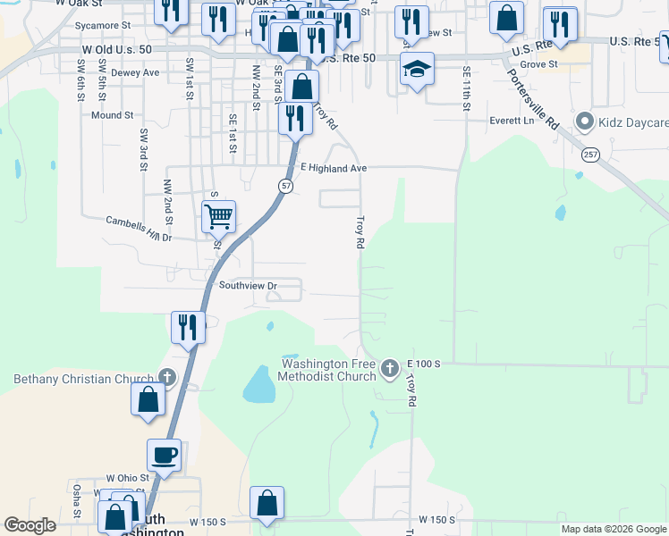 map of restaurants, bars, coffee shops, grocery stores, and more near 891 Troy Road in Washington