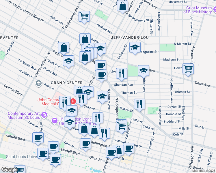 map of restaurants, bars, coffee shops, grocery stores, and more near 1237 North Leonard Avenue in St. Louis