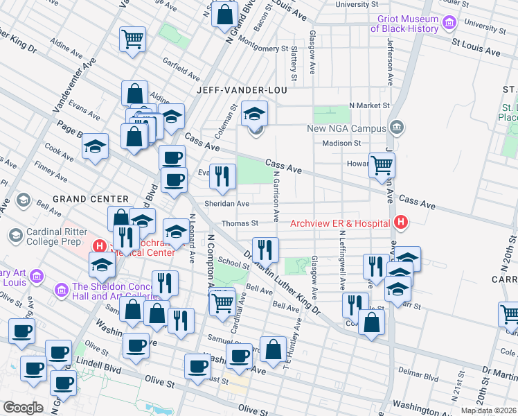 map of restaurants, bars, coffee shops, grocery stores, and more near 3026 Sheridan Avenue in St. Louis