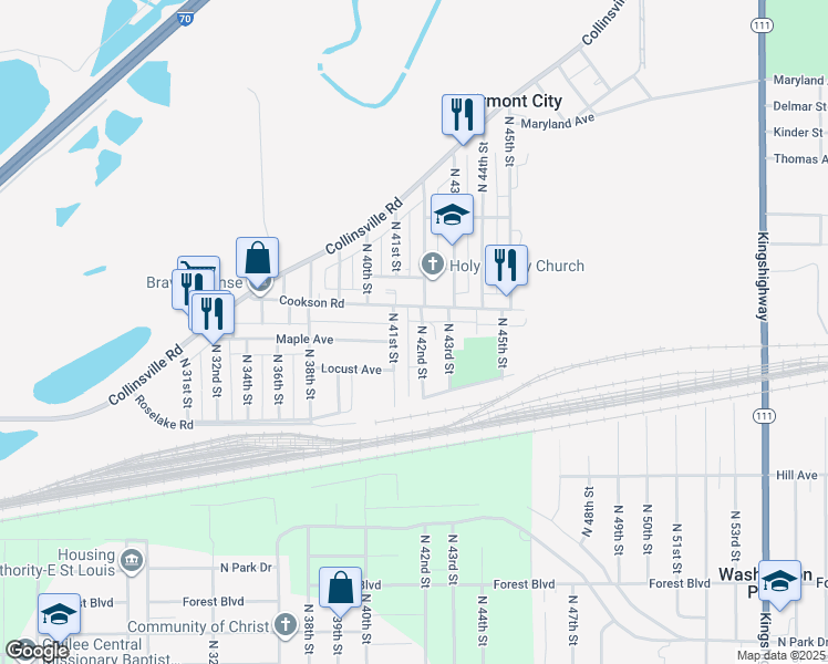 map of restaurants, bars, coffee shops, grocery stores, and more near 2557 North 42nd Street in East St. Louis