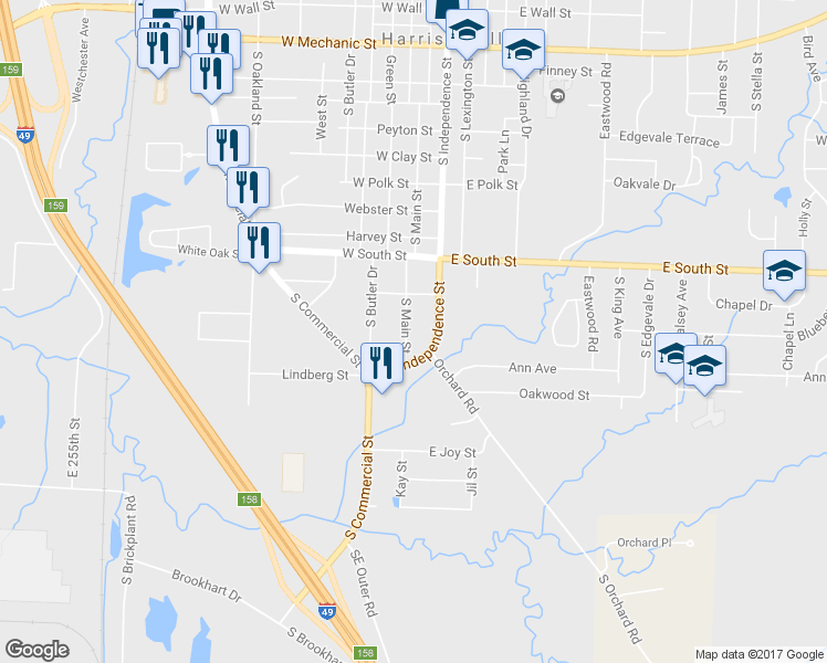 map of restaurants, bars, coffee shops, grocery stores, and more near 1601 South Main Street in Harrisonville