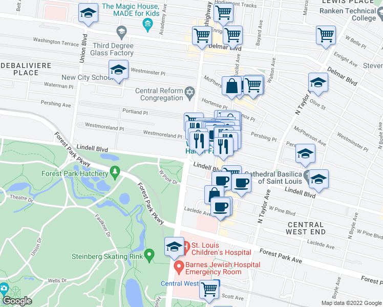 map of restaurants, bars, coffee shops, grocery stores, and more near 232 Kingshighway Boulevard in St. Louis
