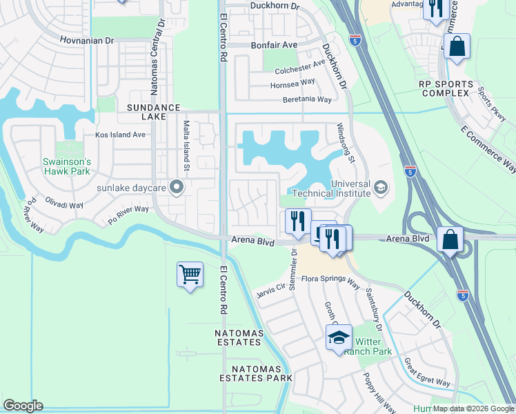 map of restaurants, bars, coffee shops, grocery stores, and more near 4206 Atrium Way in Sacramento